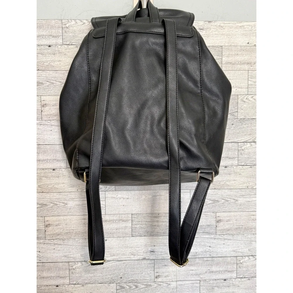 Franco Sarto Joslyn Black Vegan Leather Drawstring Backpack Gold Hardware Bag